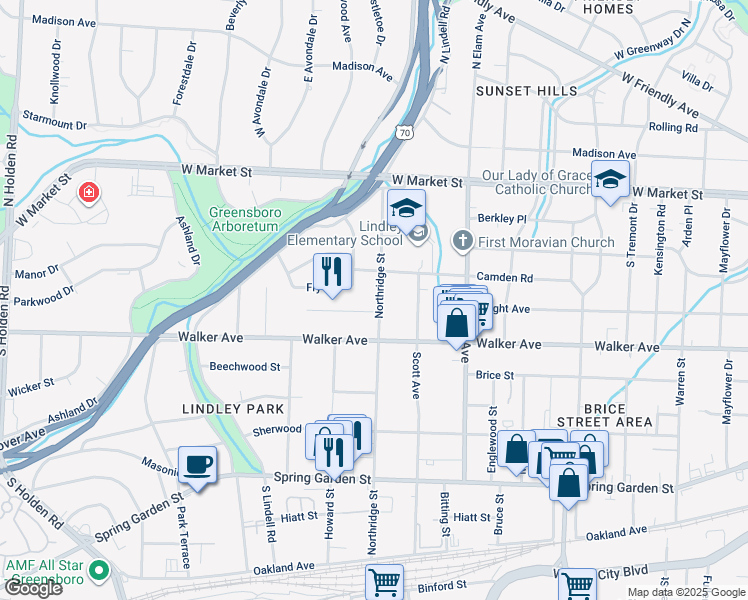 map of restaurants, bars, coffee shops, grocery stores, and more near 414 Northridge Street in Greensboro