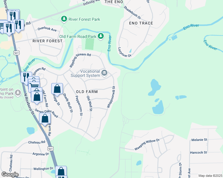 map of restaurants, bars, coffee shops, grocery stores, and more near 5419 Whippoorwill Street in Durham