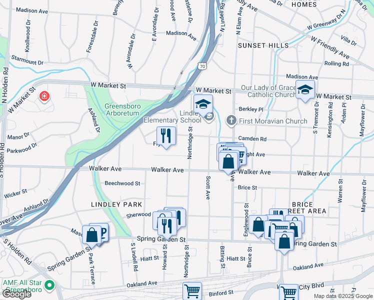 map of restaurants, bars, coffee shops, grocery stores, and more near 414 Northridge Street in Greensboro
