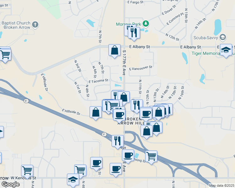 map of restaurants, bars, coffee shops, grocery stores, and more near 831 East Seattle Place in Broken Arrow