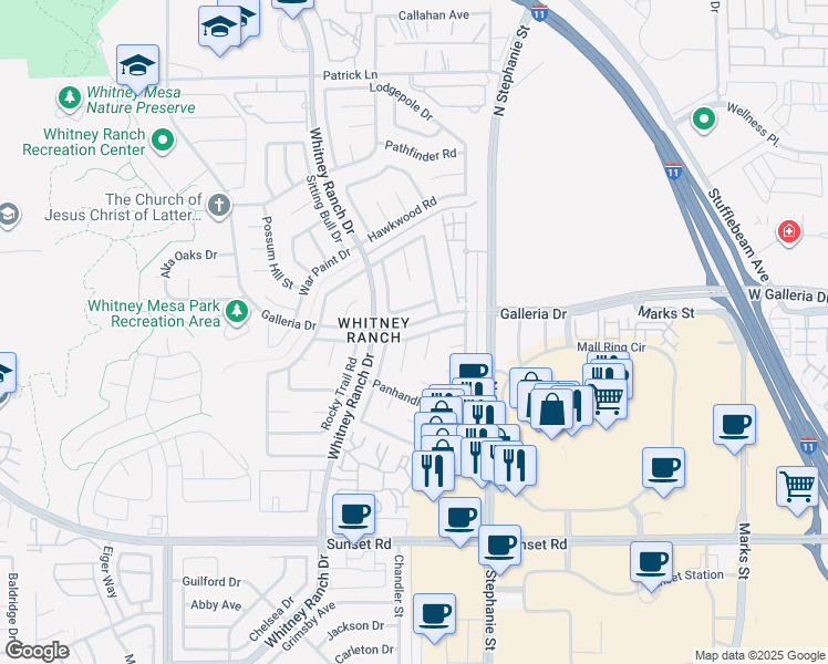 map of restaurants, bars, coffee shops, grocery stores, and more near 1423 Harmony Hill Drive in Henderson