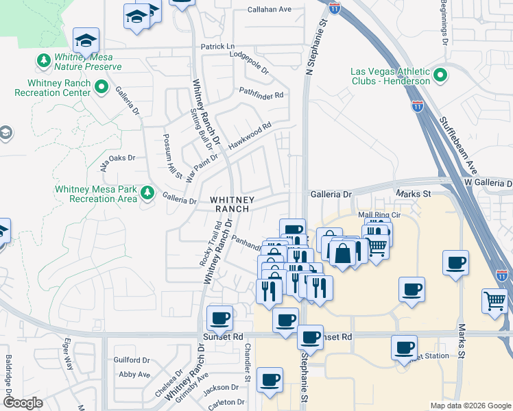 map of restaurants, bars, coffee shops, grocery stores, and more near 1423 Harmony Hill Drive in Henderson