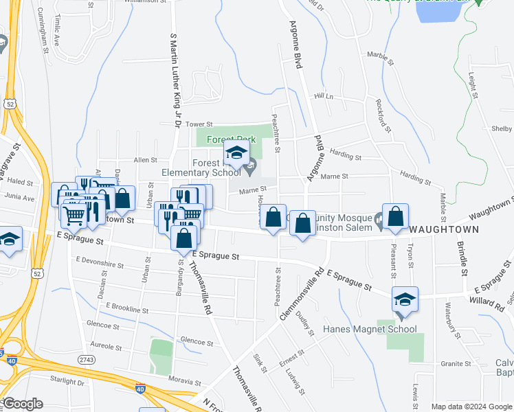 map of restaurants, bars, coffee shops, grocery stores, and more near 2020 Hoover Street in Winston-Salem