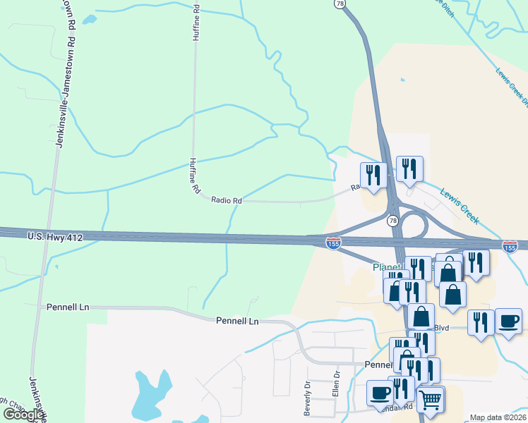 map of restaurants, bars, coffee shops, grocery stores, and more near 625 Radio Road in Dyersburg