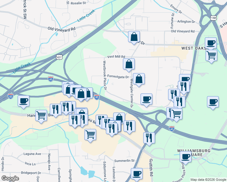 map of restaurants, bars, coffee shops, grocery stores, and more near 1541 Westbrook Plaza Drive in Winston-Salem