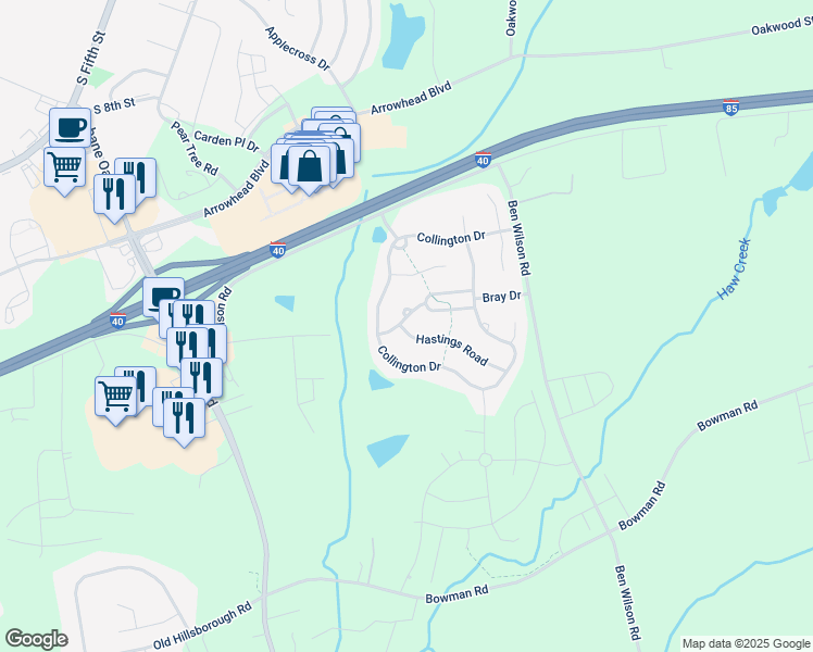 map of restaurants, bars, coffee shops, grocery stores, and more near 309 Sutton Place in Mebane