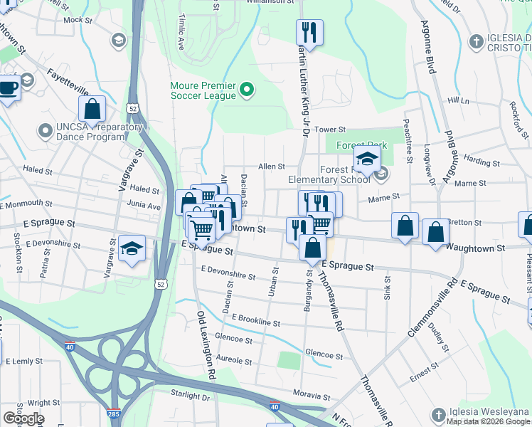 map of restaurants, bars, coffee shops, grocery stores, and more near 721 Junia Avenue in Winston-Salem