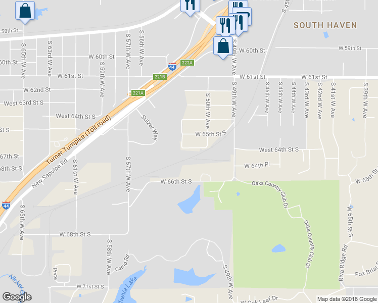map of restaurants, bars, coffee shops, grocery stores, and more near 5126 West 66th Street South in Tulsa