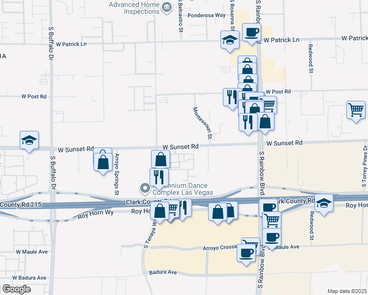 map of restaurants, bars, coffee shops, grocery stores, and more near 7255 West Sunset Road in Las Vegas
