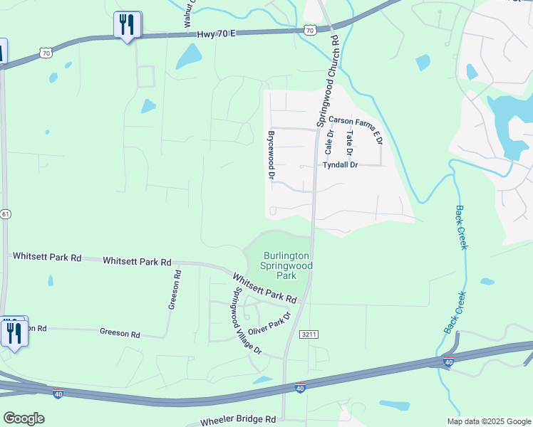 map of restaurants, bars, coffee shops, grocery stores, and more near 7209a Olmstead Drive in Burlington