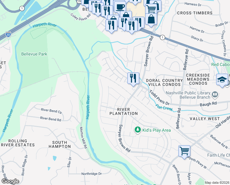 map of restaurants, bars, coffee shops, grocery stores, and more near 1279 General George Patton Road in Nashville