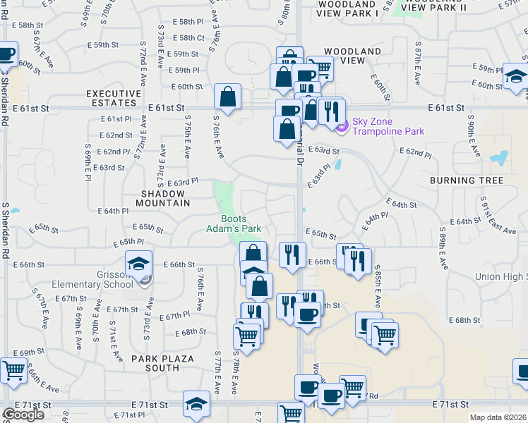 map of restaurants, bars, coffee shops, grocery stores, and more near 6360 South 80th East Avenue in Tulsa