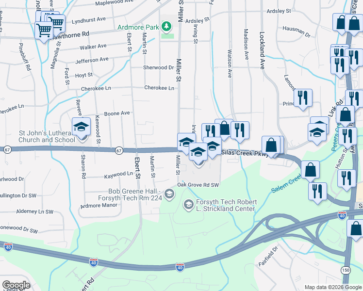 map of restaurants, bars, coffee shops, grocery stores, and more near 1460 Miller Street in Winston-Salem