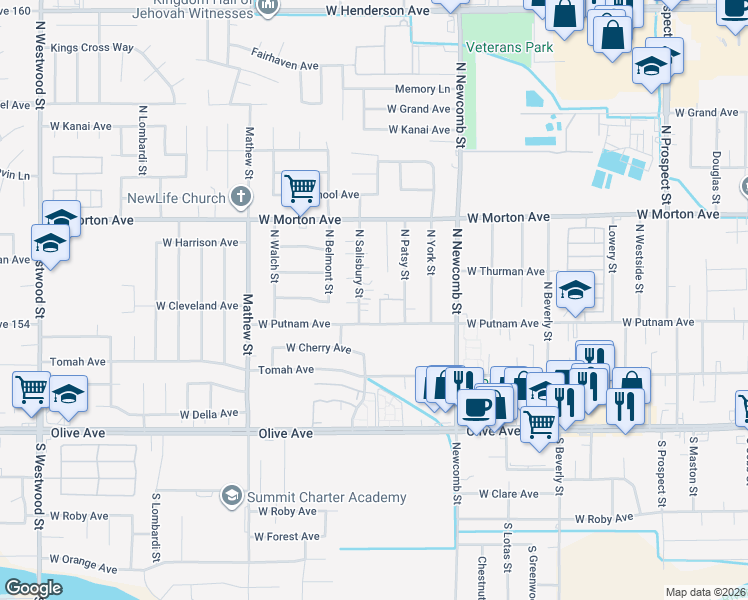 map of restaurants, bars, coffee shops, grocery stores, and more near 246 North Salisbury Street in Porterville