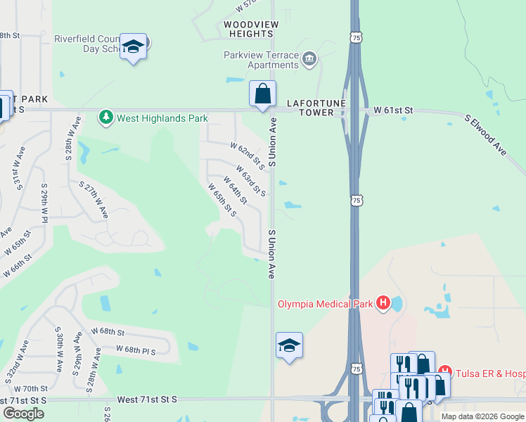 map of restaurants, bars, coffee shops, grocery stores, and more near 6401 South Vancouver Avenue in Tulsa