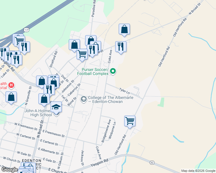 map of restaurants, bars, coffee shops, grocery stores, and more near 401-501 Coke Avenue in Edenton