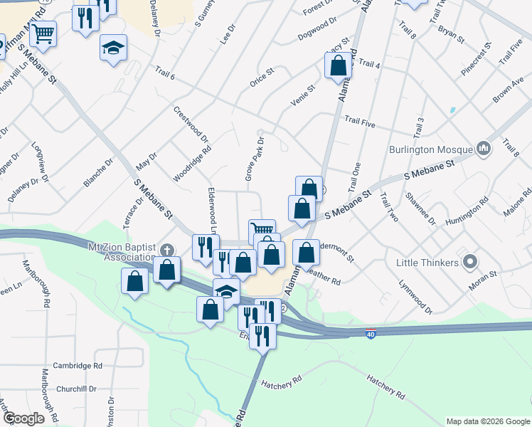 map of restaurants, bars, coffee shops, grocery stores, and more near 2701 Jamestown Court in Burlington