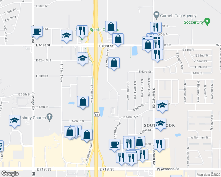 map of restaurants, bars, coffee shops, grocery stores, and more near 6442 South 106th East Place in Tulsa