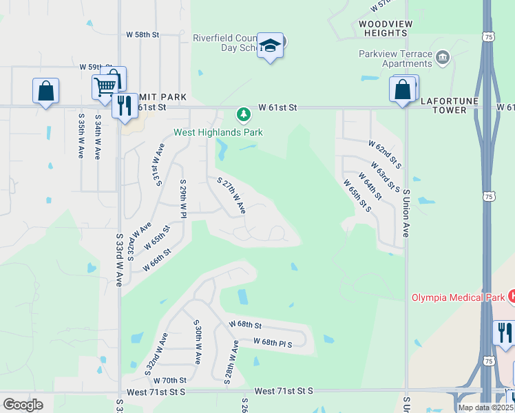 map of restaurants, bars, coffee shops, grocery stores, and more near 2620 West 65th Street in Tulsa