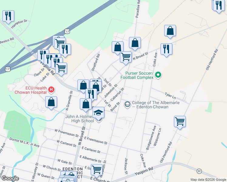 map of restaurants, bars, coffee shops, grocery stores, and more near 2nd Street in Edenton