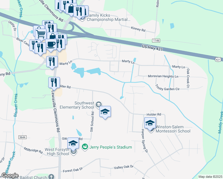 map of restaurants, bars, coffee shops, grocery stores, and more near 6401 Holder Road in Clemmons