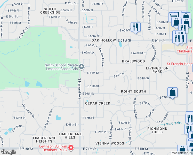 map of restaurants, bars, coffee shops, grocery stores, and more near 6424 South Jamestown Avenue in Tulsa