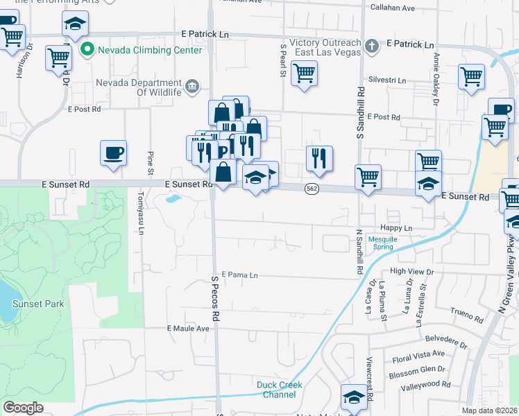 map of restaurants, bars, coffee shops, grocery stores, and more near 3540 Happy Ln in Las Vegas