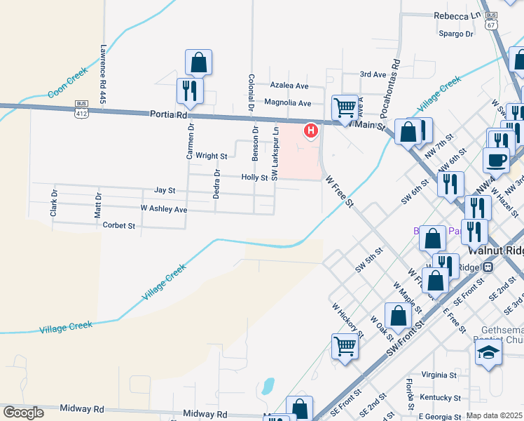 map of restaurants, bars, coffee shops, grocery stores, and more near 1404 West Ashley Avenue in Walnut Ridge