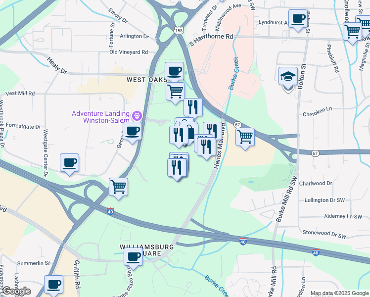 map of restaurants, bars, coffee shops, grocery stores, and more near 3320 Silas Creek Parkway in Winston-Salem