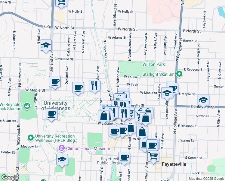 map of restaurants, bars, coffee shops, grocery stores, and more near 512 North Frisco Avenue in Fayetteville