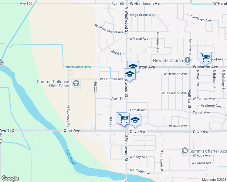 map of restaurants, bars, coffee shops, grocery stores, and more near 15450 Road 223 in Porterville