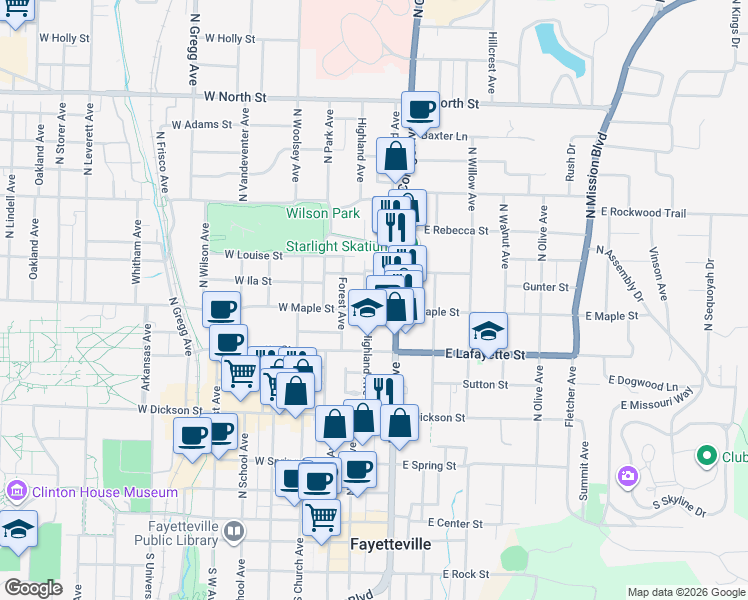 map of restaurants, bars, coffee shops, grocery stores, and more near 509 North College Avenue in Fayetteville