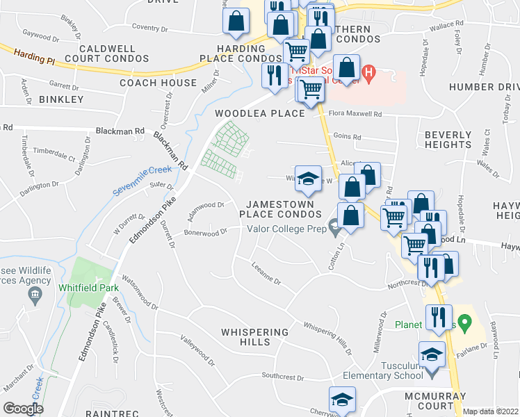 map of restaurants, bars, coffee shops, grocery stores, and more near 400 Adamwood Drive in Nashville