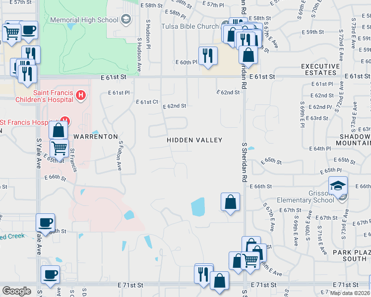 map of restaurants, bars, coffee shops, grocery stores, and more near 6037 East 64th Place in Tulsa