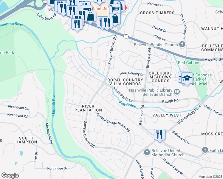 map of restaurants, bars, coffee shops, grocery stores, and more near 8300 Sawyer Brown Road in Nashville