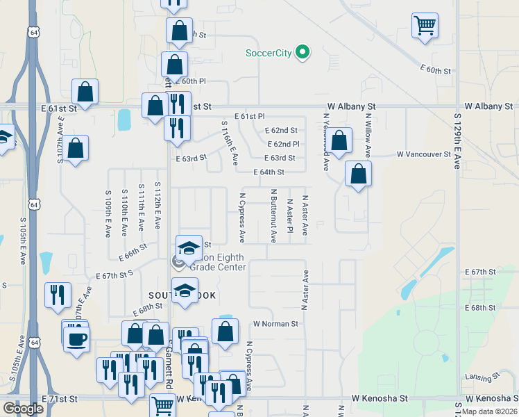 map of restaurants, bars, coffee shops, grocery stores, and more near 4513 West Tacoma Street in Broken Arrow