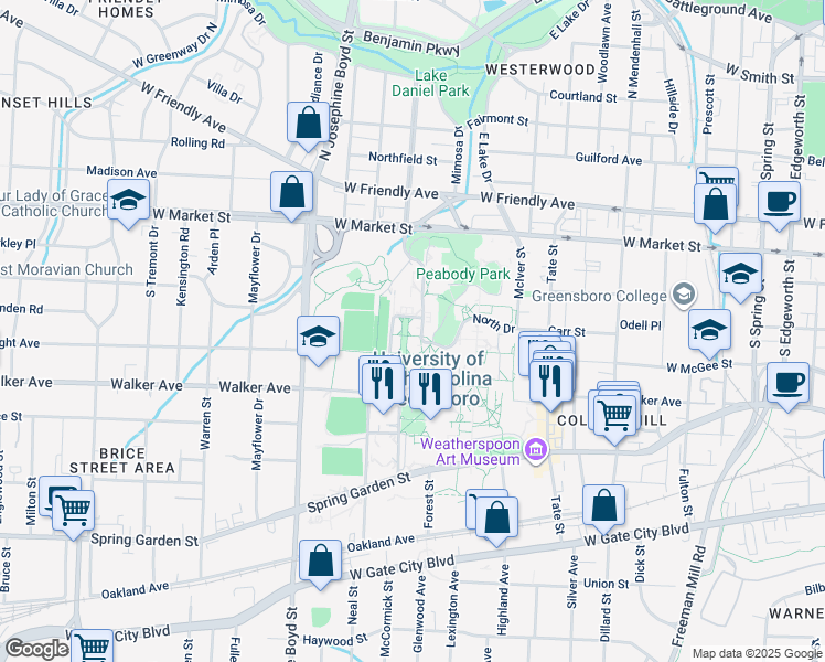 map of restaurants, bars, coffee shops, grocery stores, and more near 312 Gray Drive in Greensboro