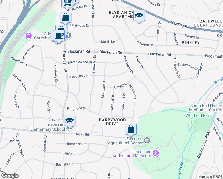 map of restaurants, bars, coffee shops, grocery stores, and more near 5001 Manuel Drive in Nashville