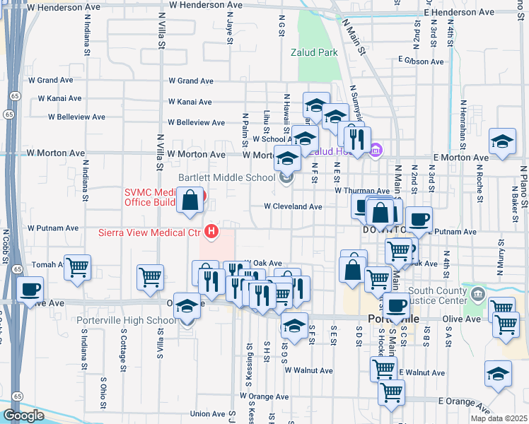 map of restaurants, bars, coffee shops, grocery stores, and more near 257 North H Street in Porterville