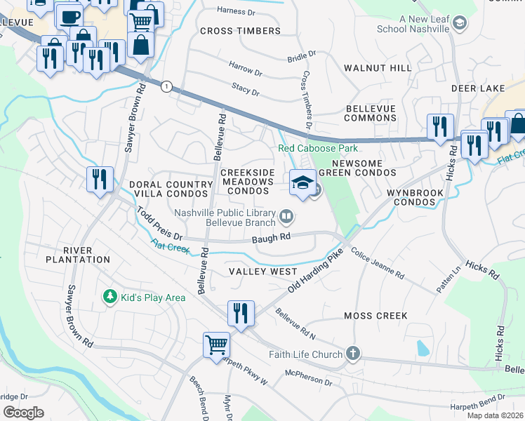 map of restaurants, bars, coffee shops, grocery stores, and more near 810 Bellevue Road in Nashville