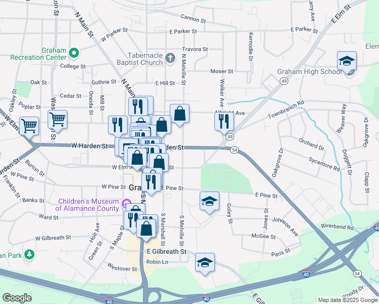 map of restaurants, bars, coffee shops, grocery stores, and more near 305 East Harden Street in Graham