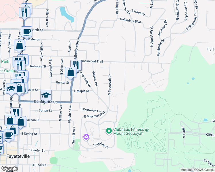 map of restaurants, bars, coffee shops, grocery stores, and more near 531 North Sequoyah Drive in Fayetteville