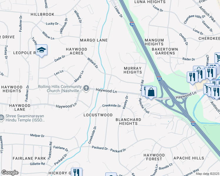 map of restaurants, bars, coffee shops, grocery stores, and more near 3834 East Ridge Drive in Nashville