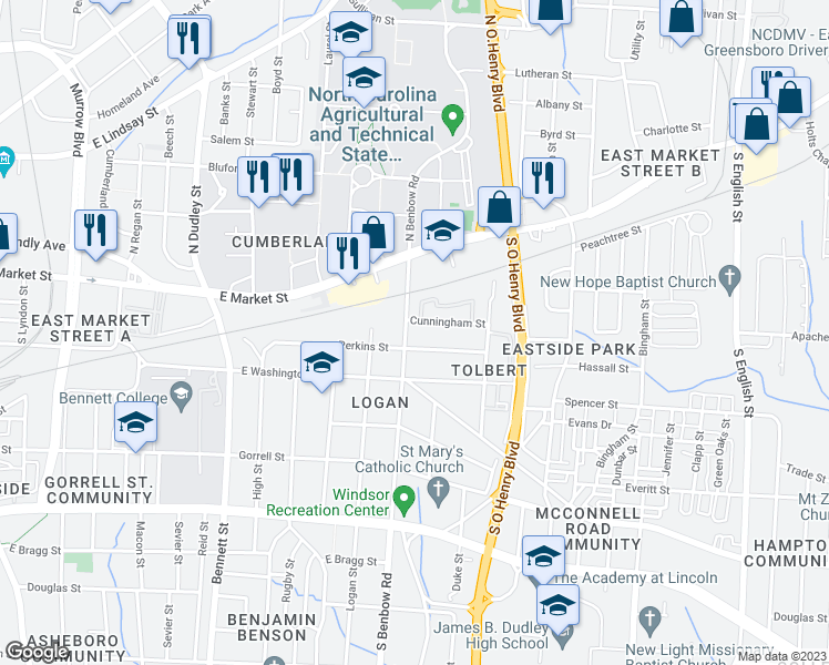 map of restaurants, bars, coffee shops, grocery stores, and more near 405 South Benbow Road in Greensboro