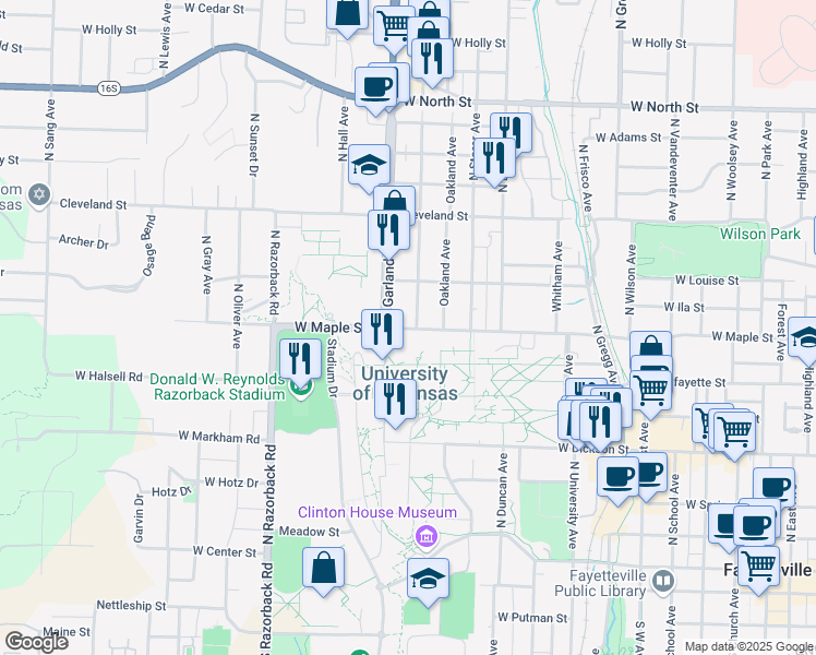 map of restaurants, bars, coffee shops, grocery stores, and more near 1030 West Maple Street in Fayetteville