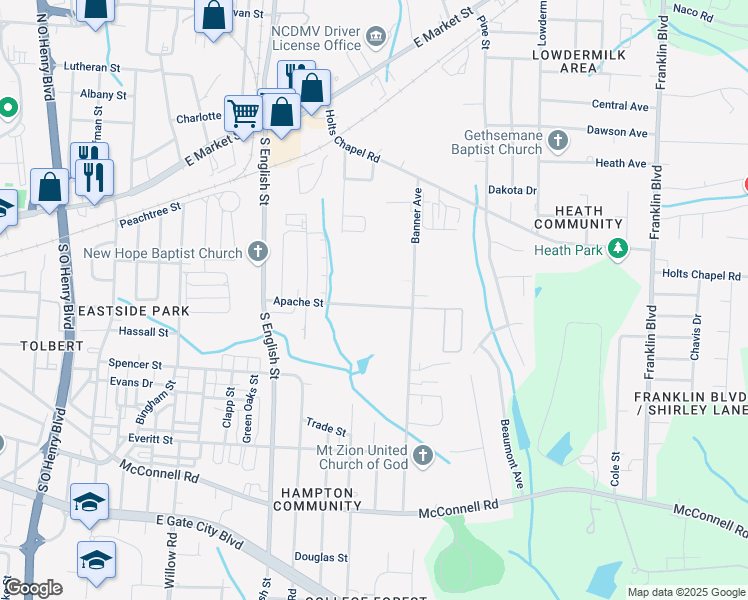 map of restaurants, bars, coffee shops, grocery stores, and more near 2303 Apache Street in Greensboro