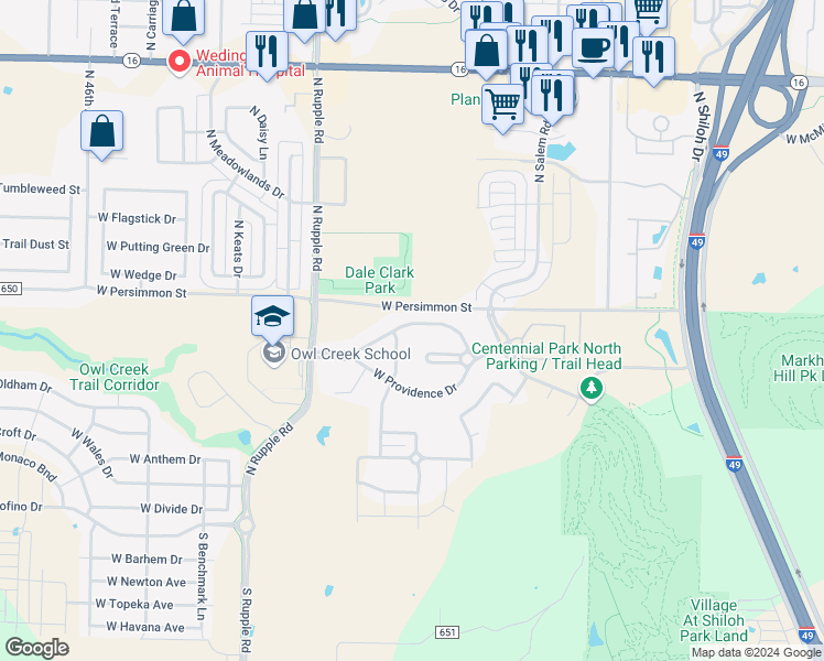 map of restaurants, bars, coffee shops, grocery stores, and more near 3749 West Mountain View Drive in Fayetteville