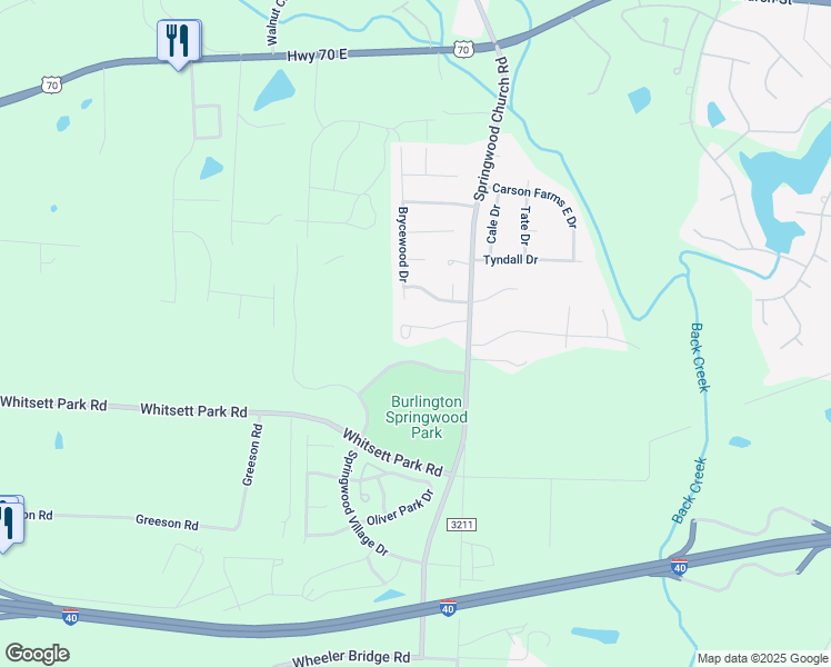map of restaurants, bars, coffee shops, grocery stores, and more near 7209 Olmstead Drive in Burlington