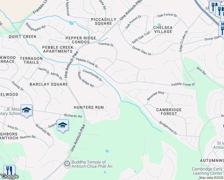 map of restaurants, bars, coffee shops, grocery stores, and more near 5108 Countryside Drive in Nashville