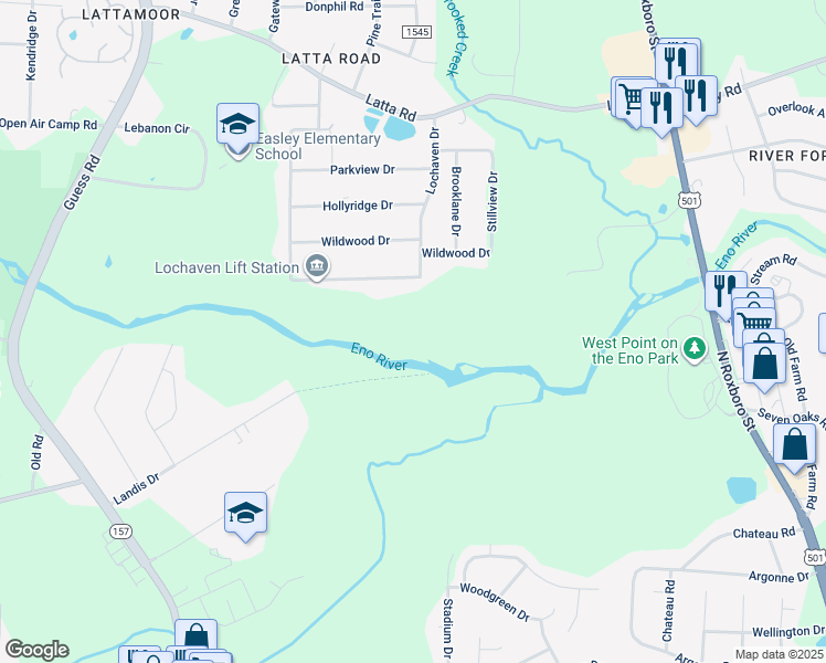 map of restaurants, bars, coffee shops, grocery stores, and more near 4500 Lochaven Drive in Durham